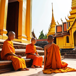 **

Golden stupa of Wat That Luang, Vientiane, Laos. Monks in orange robes praying. Stone benches, peaceful atmosphere. Golden sunlight, intricate details.

**