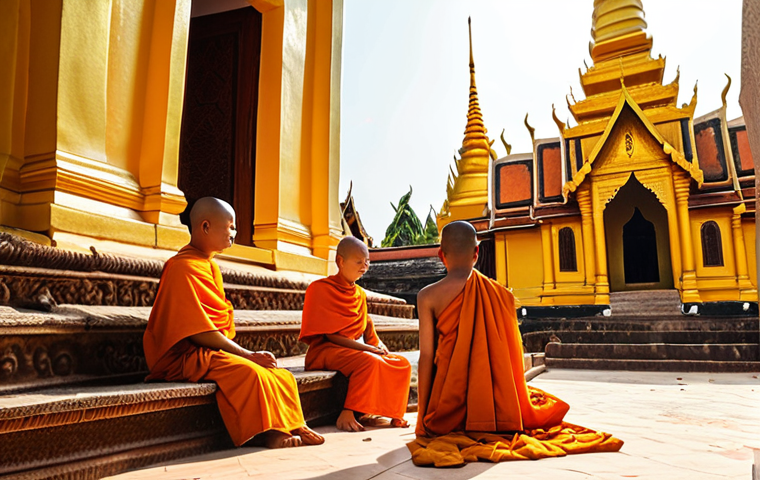 **

Golden stupa of Wat That Luang, Vientiane, Laos. Monks in orange robes praying. Stone benches, peaceful atmosphere. Golden sunlight, intricate details.

**