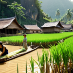 **Image Prompt:** A serene, sun-drenched Laotian village nestled in a valley, showcasing traditional wooden houses on stilts. In the foreground, villagers are preparing sticky rice and vegetables for breakfast. The scene is filled with lush greenery and a sense of peaceful harmony with nature, no Instagram notifications visible. Focus on natural light and earthy tones.