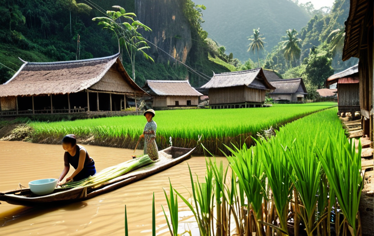 **Image Prompt:** A serene, sun-drenched Laotian village nestled in a valley, showcasing traditional wooden houses on stilts. In the foreground, villagers are preparing sticky rice and vegetables for breakfast. The scene is filled with lush greenery and a sense of peaceful harmony with nature, no Instagram notifications visible. Focus on natural light and earthy tones.